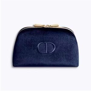 Dior Trousse Pouch Make Up Bag Navy Blue Velvet CD Logo Gold Zipper Trim New